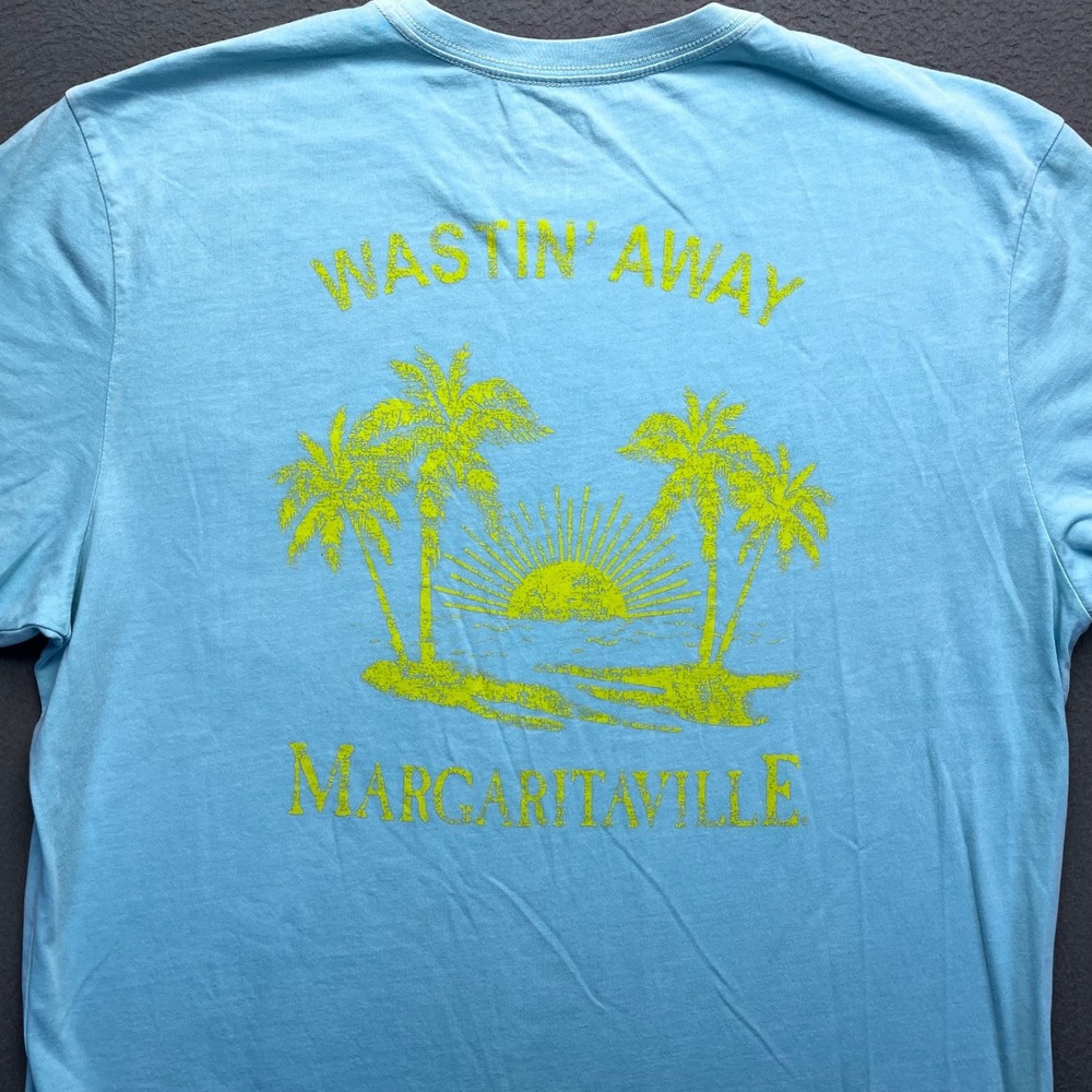 Margaritaville Men T-Shirt Light Blue Wastin Away Graphic Pocket Large Tropical